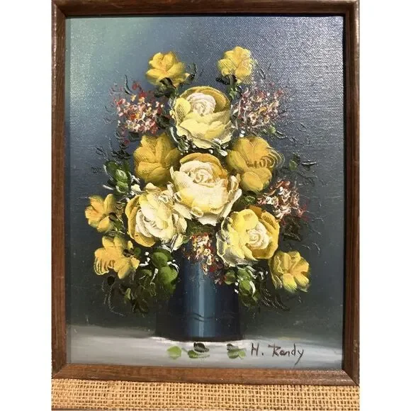 Vintage Botanical Oil Painting Yellow Flowers 11.25 x 13